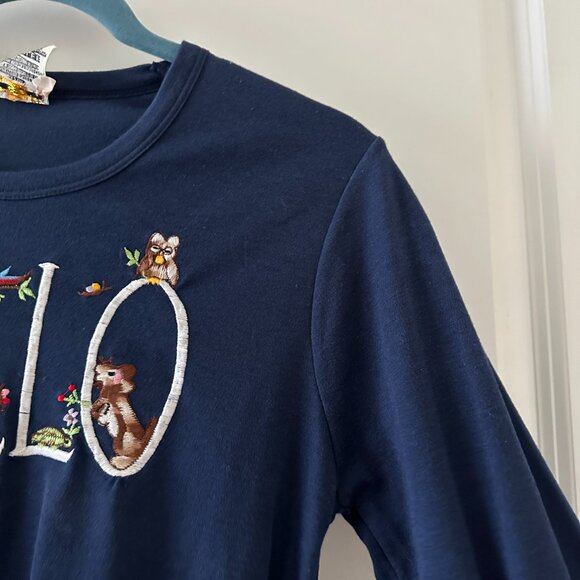 Vtg Cyn Les Blue Fall Hello Goodbye Fall Embroidery Long Sleeve Top Size Medium - Picture 6 of 16